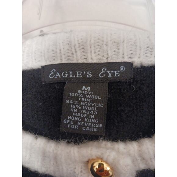 WOOL Cardigan Sweater Sz M BLACK White Gold Buttons Preppy Holiday Old Money Vtg - Picture 10 of 11